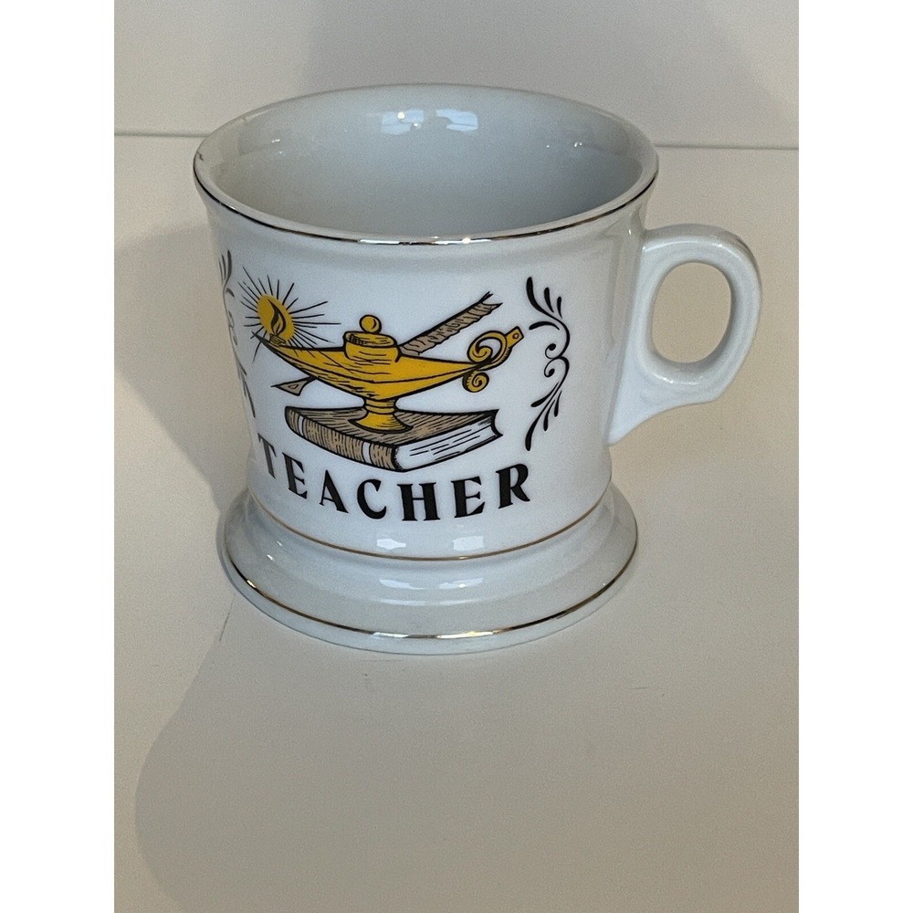 Vintage Knobler Teacher Mug Japan Porcelain MCM Book Oil Lamp Quill Gold Accent